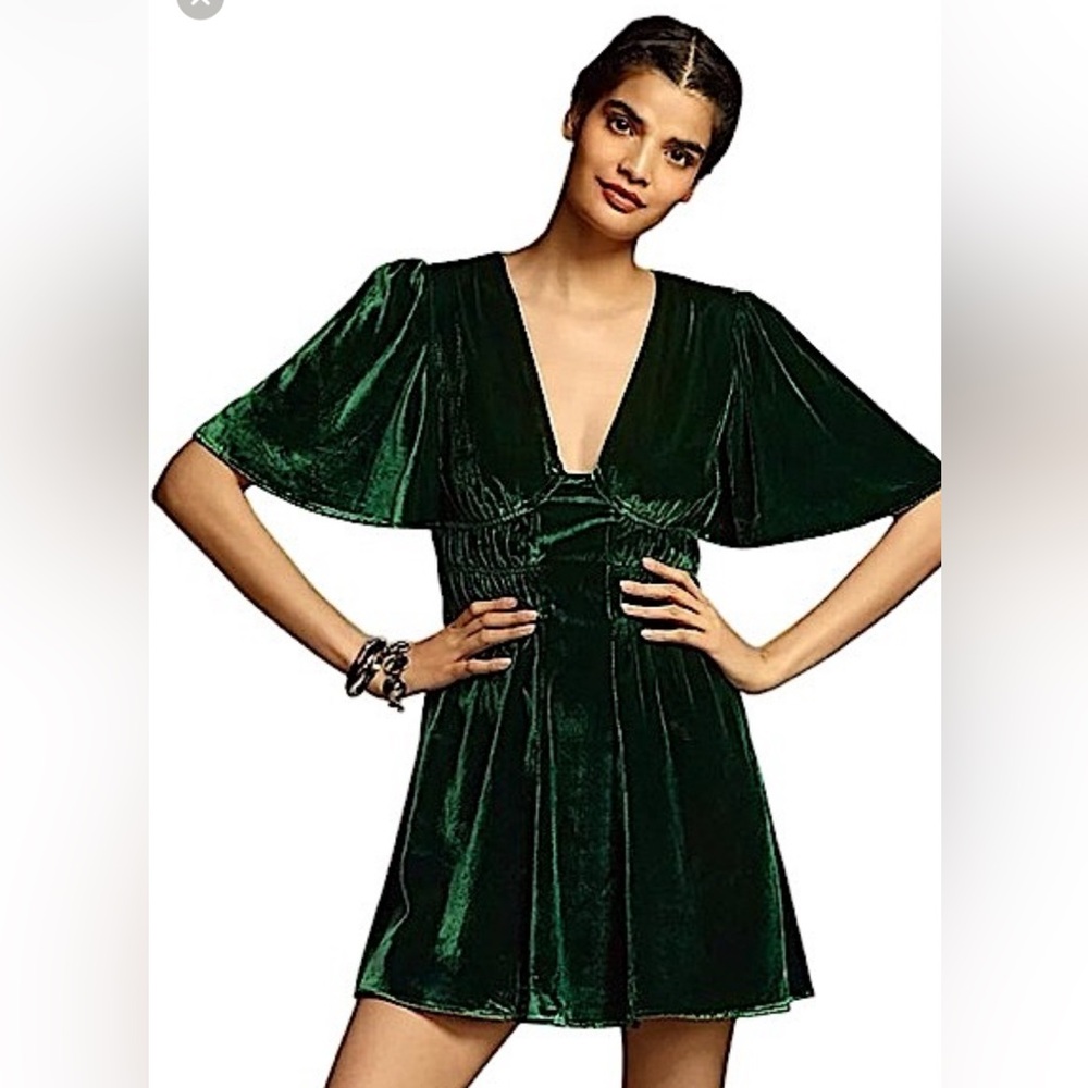 Anthropologie Short-Sleeve Green Velvet Mini Dress Size S